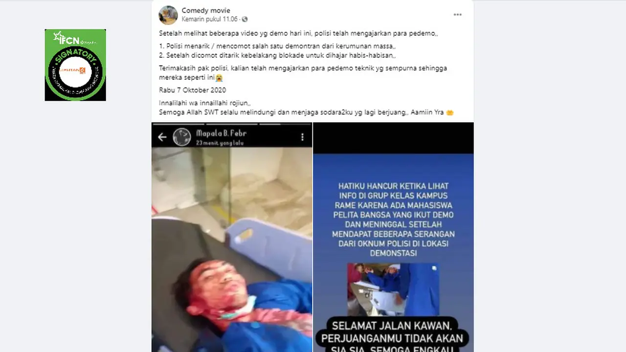klaim seorang mahasiswa Universitas Pelita Bangsa yang ikut demonstrasi meninggal dunia