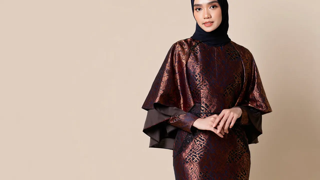 Model Long Dress Batik Kombinasi Brokat Lengan Tiga Lapis Panjang (Foto: AI)