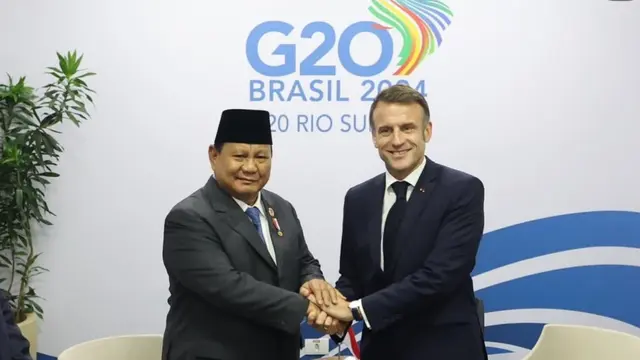 Presiden RI Prabowo Subianto melakukan pertemuan bilateral dengan Presiden Prancis Emmanuel Macron disela-sela Konferensi Tingkat Tinggi (KTT) G20 di Rio de Janeiro, Brasil, Selasa, 19 November 2024.