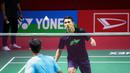 Pebulutangkis tunggal putra Indonesia, Jonatan Christie saat melakukan latihan menjelang Indonesia Masters 2023 yang berlangsung di Istora Senayan, Jakarta, Senin (23/01/2023). (Bola.com/Bagaskara Lazuardi)