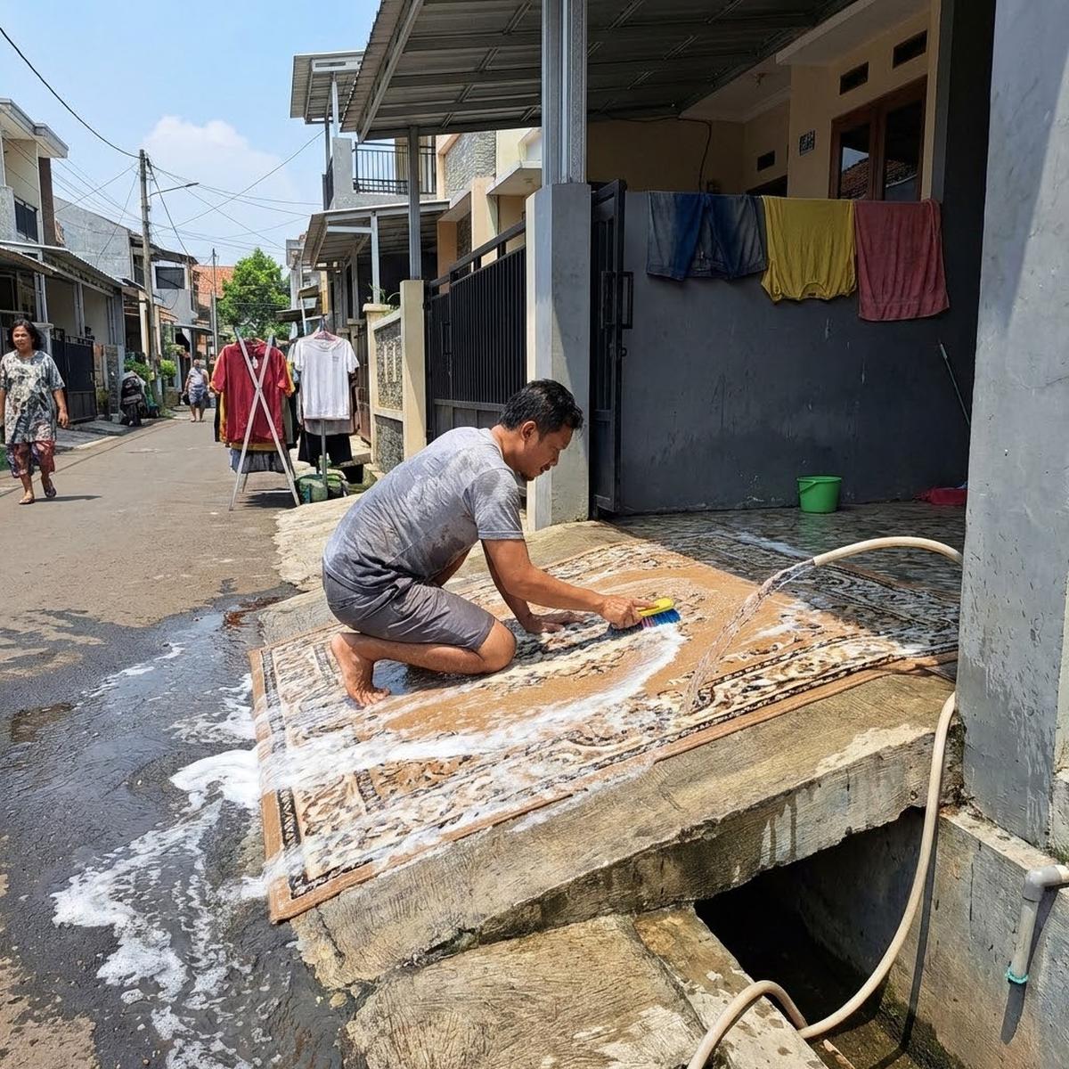 Mencuci karpet di depan rumah (Gemini AI)