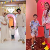 Irish Bella hadir bersama putranya mengenakan tunik dan hijab warna soft purple yang dipadukan vest warna krem. [Instagram/_irishbella_]