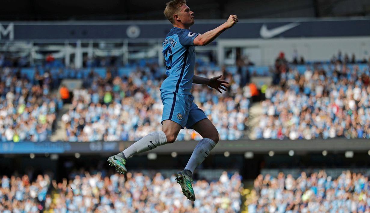 Ekspresi pemain Manchester City, Kevin De Bruyne, setelah mencetak gol pertama ke gawang Bournemouth dalam laga pekan kelima Premier League di Stadion Etihad, Sabtu (17/9/2016) malam WIB. (Action Images via Reuters/Carl Recine)