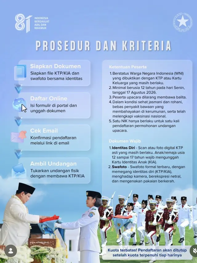 Pendaftaran Undangan Upacara HUT Ke-81 RI 2026 Dibuka, Simak Syaratnya