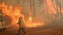 Seorang petugas pemadam kebakaran menangani kobaran api di dekat Wooroloo, timur laut Perth, Australia, Selasa (2/1/2021). Asap dan api dari kebakaran hutan membakar kota terbesar keempat di Australia ini, di tengah pemberlakuan lockdown virus corona COVID-19. (Evan Collis/DFES via AP)