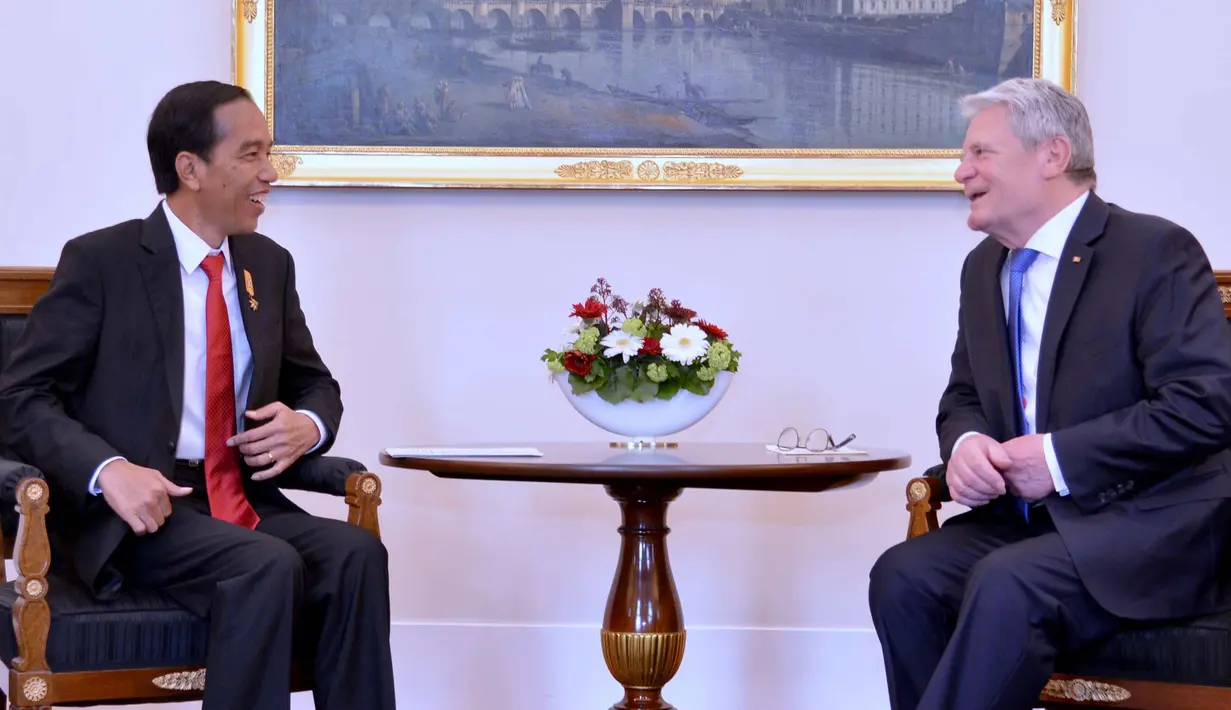Presiden Jokowi saat bertemu dengan Presiden Jerman Joachim Gauck, Jerman, Senin (18/4). Jokowi dan Joachim Gauck juga bertukar pikiran ihwal isu-isu perdamaian dan keamanan di masing masing kawasan. (Biro Pers Setpres)