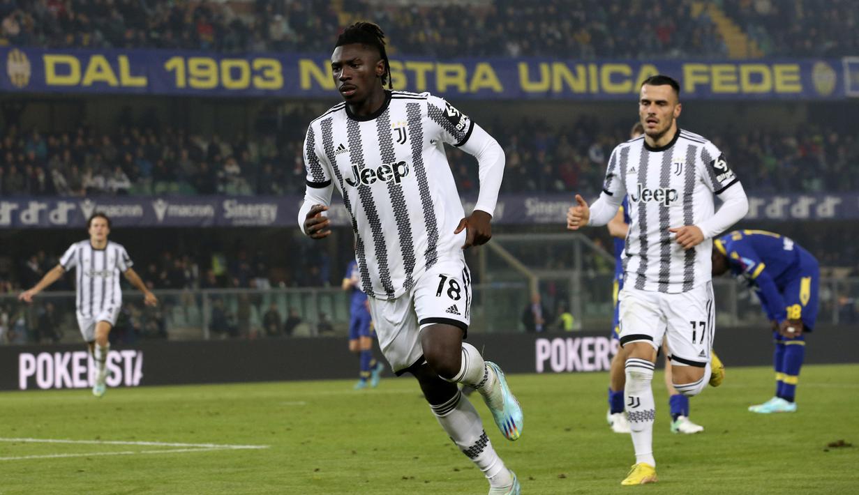 Kepastian Juventus meraup tiga poin penuh atas tun rumah Verona ditentukan oleh gol semata wayang Moise Kean pada menit ke-60. Gol terjadi usai Moise Kean mampu memanfaatkan umpan Adrien Rabiot. (LaPresse via AP/Paola Garbuio)