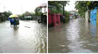 Hujan yang mengguyur Kota Denpasar, Bali sejak pagi hingga siang ini membuat sejumlah titik di Denpasar, Bali terendam banjir. (Dewi Divianta/Liputan6.com)
