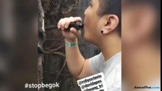 Pria pengunjung Batu Secret Zoo itu mengaku hanya iseng saat menyembur seekor monyet dengan asap vape. Padahal, monyet itu terlihat sesak napas. (dok. istimewa/JawaPos.com)