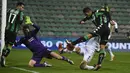 Pemain Sassuolo, Sergio Floccari  (kanan) melepaskan tembakan ke arah kiper Fiorentina, Ciprian Anton Tatarusanu pada lanjutan liga Italia Serie A di Stadion Mapei, Reggio Emilia, Selasa (01/12/2015). (AFP Photo/Olivier Morin)