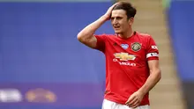 Bek Manchester United, Harry Maguire, saat melawan Leicester City pada laga Premier League di Stadion King Power, Minggu (26/7/2020). Manchester United menang dengan dua gol tanpa balas. (Oli Scarff/Pool via AP)