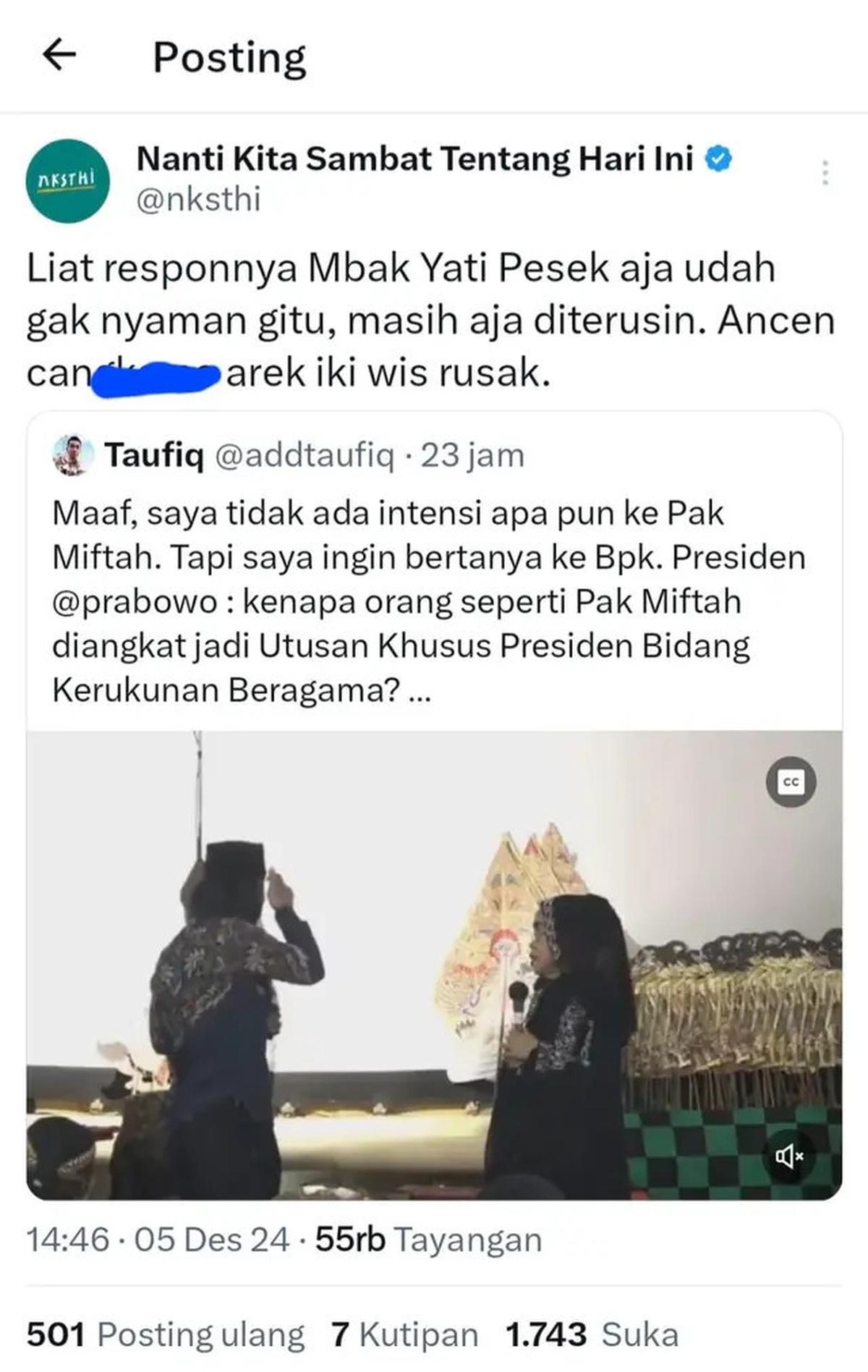 Video Lama Miftah Maulana yang Merendahkan Seniman Yati Pesek Viral, Banjir Kecaman
