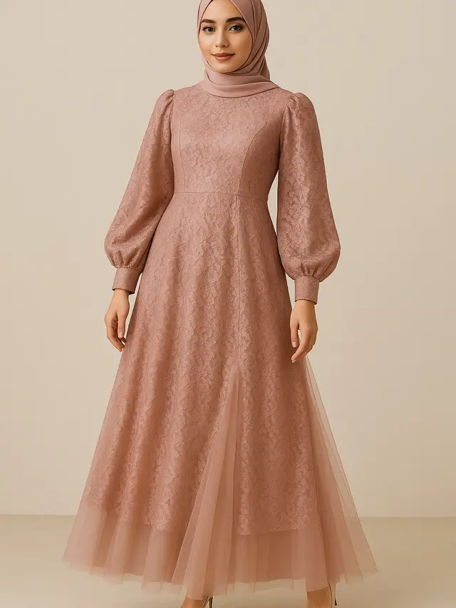 Model Gamis A-Line Brokat dengan Lengan Balon