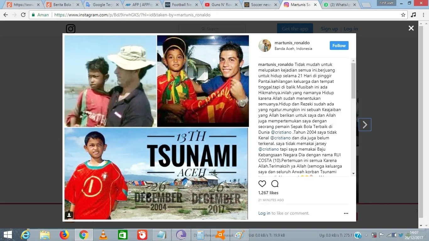 Martunis adalah korban Tsunami Aceh yang dipertemukan Cristiano Ronaldo pada 2004. (Instagram)