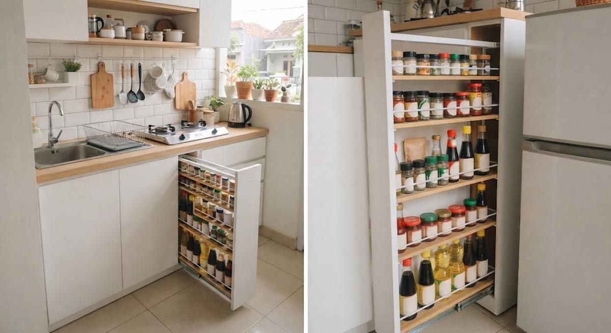 Tempat penyimpanan dapur minimalis modern yang cocok untuk rumah tipe kecil model rak tarik untuk ruang sempit