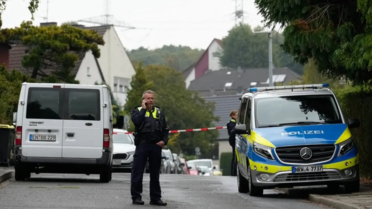 Seorang petugas polisi tampak berbicara di telepon di sebuah jalan di Herdecke, Jerman, pada Selasa (7/10/2025), setelah wali kota terpilih Herdecke, Iris Stalzer, ditemukan dalam kondisi kritis di apartemennya.
