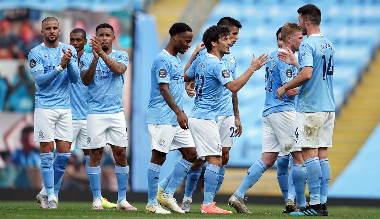 1. Manchester City (102 gol dari 38 pertandingan) - Manchester City menorehkan 102 gol di musim ini. Sumbangan gol terbanyak dicetak oleh Sergio Aguero, Raheem Sterling, Gabriel Jesus, Riyad Mahrez dan Kevin De Bruyne. (AFP/Dave Thompson/pool)