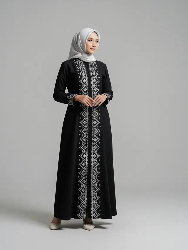 Model Gamis Kombinasi Hitam Putih Model Aksen Bordir