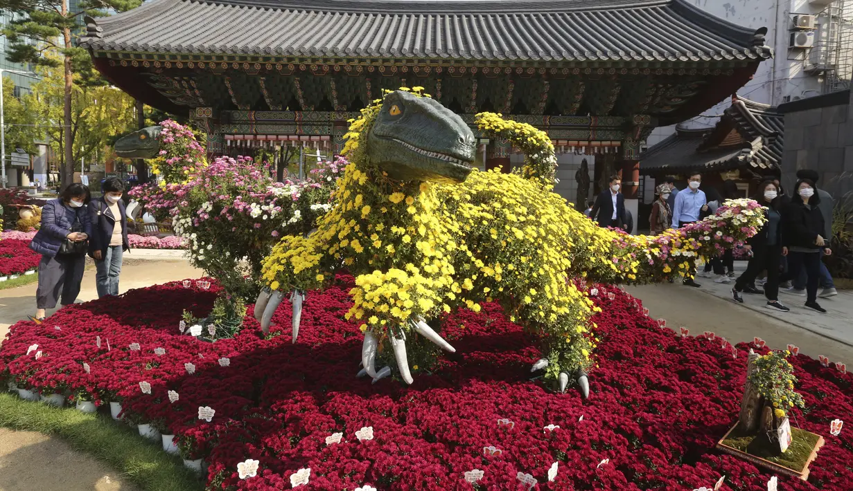 Orang-orang memakai masker berjalan di dekat dinosaurus yang terbuat dari bunga krisan selama festival Krisan di kuil Chogyesa, Seoul, Senin (19/10/2020). Korsel mulai menguji puluhan ribu karyawan rumah sakit dan panti jompo untuk mencegah wabah COVID-19. (AP Photo/Ahn Young-joon)
