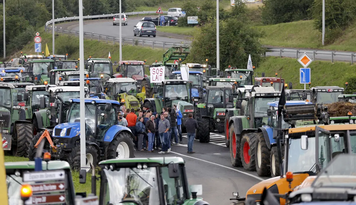 Puluhan traktor milik peternak sapi perah memblokir jalan tol atau jalan bebas hambatan saat melakukan aksi protes di Battice, Belgia, Kamis (30/7/2015). Aksi protes tersebut berkaitan dengan rendahnya harga jual susu. (REUTERS/Francois Lenoir)