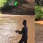 Viral aksi nyeleneh orang mancing di sungai (sumber: Twitter/KucengTerbanggg)