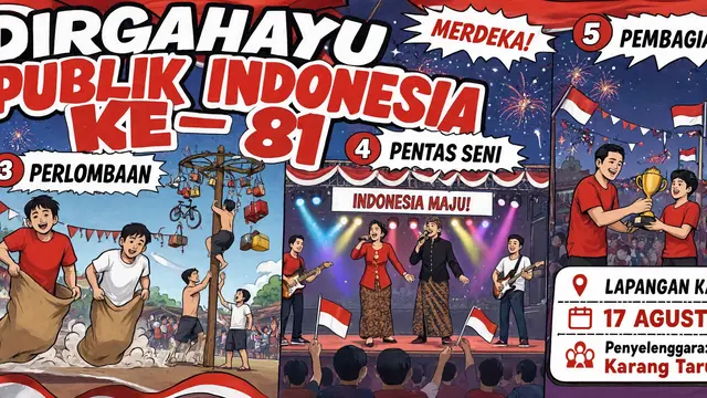 Desain spanduk 17 Agustus 2026 yang kreatif dan belum pernah dibuat model komik perjalanan menuju hari kemerdekaan