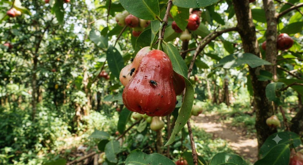 Buah jambu air yang dihinggapi lalat