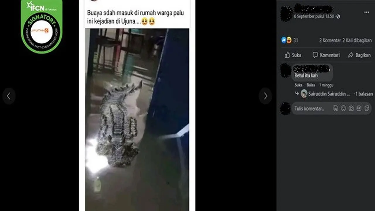 Gambar Tangkapan Layar Foto yang Diklaim Seekor Buaya Masuk Rumah Warga Saat Banjir di Palu (sumber: Facebook).