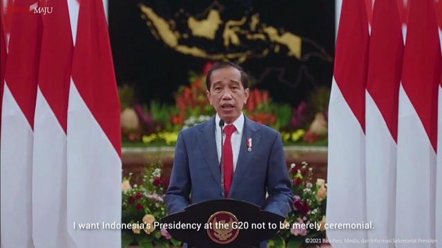 <span>Presiden Joko Widodo atau Jokowi dalam video sambutan di Opening Ceremony Presidensi G20, Rabu (1/12/2021) malam.</span>