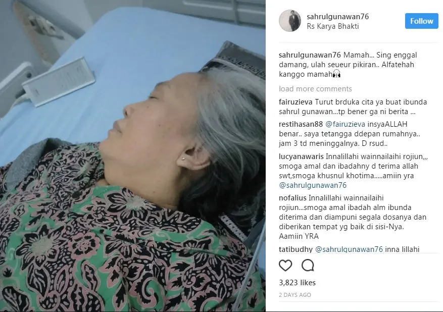 Sahrul Gunawan sempat mengunggah foto ibundanya saat menjalani perawatan di rumah sakit (Instagram/@sahrulgunawan76)