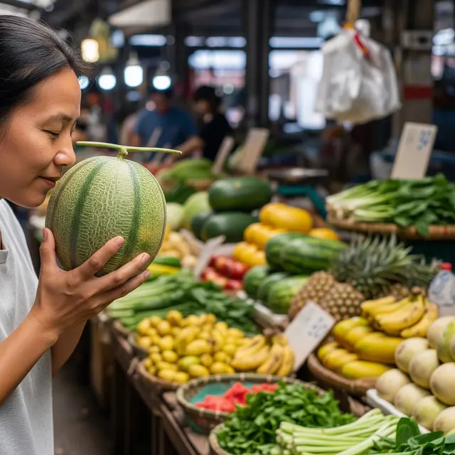 Memilih Melon Manis dan Matang di Pasar (AI Generated)