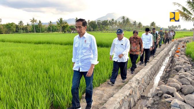 Presiden Jokowi meninjau lokasi program Padat Karya Tunai irigasi kecil di Sumbawa. (Foto: Kementerian PUPR)