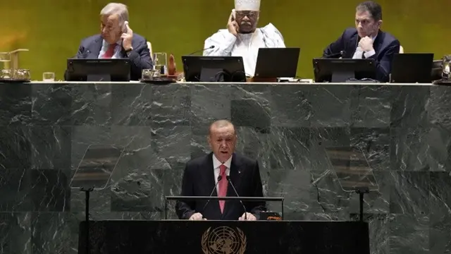 Presiden Turki Recep Tayyip Erdogan saat menyampaikan pidato pada Sidang ke-79 Majelis Umum PBB, Selasa, (24/9/2024), di Markas Besar PBB di New York, Amerika Serikat.