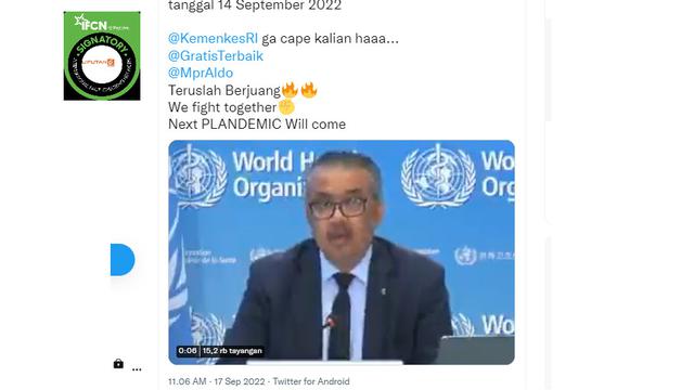 Tangkapan layar  klaim WHO menyatakan akhir pandemi Covid-19 14 September 2022