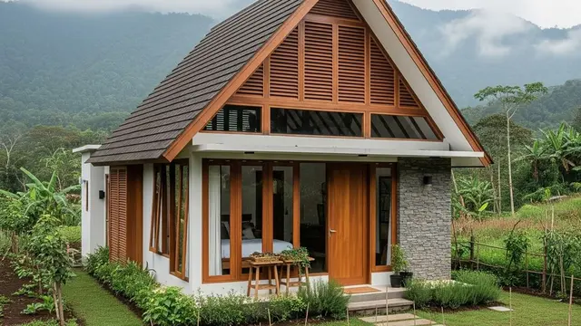 Desain Rumah Kecil Tapi Mewah Ala Villa dengan Taman Depan