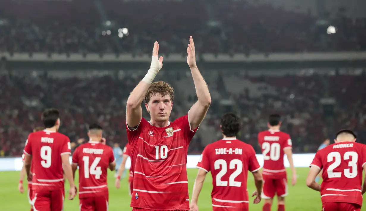 Ole Romeny merayakan gol keduanya setelah membobol gawang Singapura dalam laga FIFA ASEAN Cup 2026 di Stadion Utama Gelora Bung Karno (SUGBK), Jakarta, Jumat (25/9/2026). (KLY/Budy Santoso)
