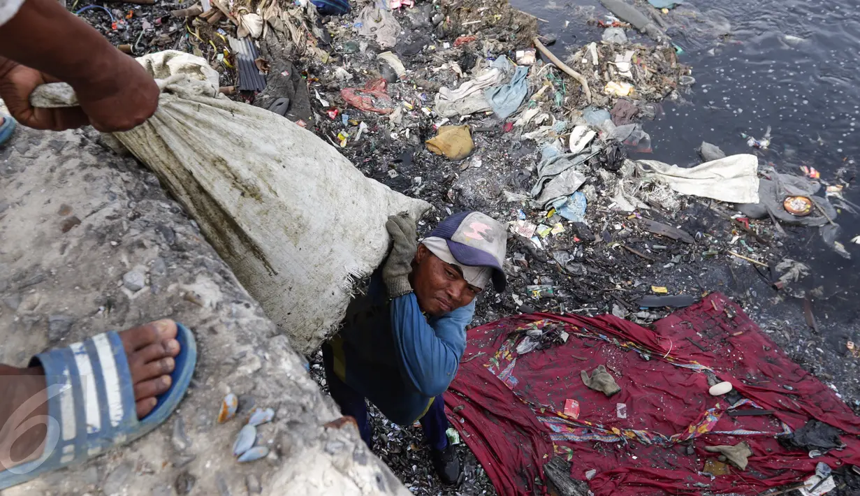 Pekerja berusaha mengangkat karung berisi kerang hasil tangkapan di Tempat Pelelangan Ikan Cilincing, Jakarta Utara, Rabu (8/2). (Fery Pradolo/Liputan6.com)