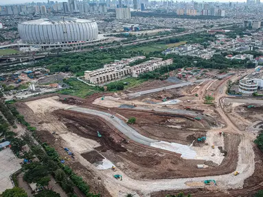 Foto udara progres pembangunan Jakarta International E-Prix Circuit (JIEC) di kawasan Taman Impian Jaya Ancol, Jakarta, Kamis (24/2/2022). Menurut PT Jakarta Propertindo pembangunan JIEC yang ditargetkan selesai dalam waktu tiga bulan itu kini telah mencapai 28 persen. (Liputan6.com/Herman Zakharia)