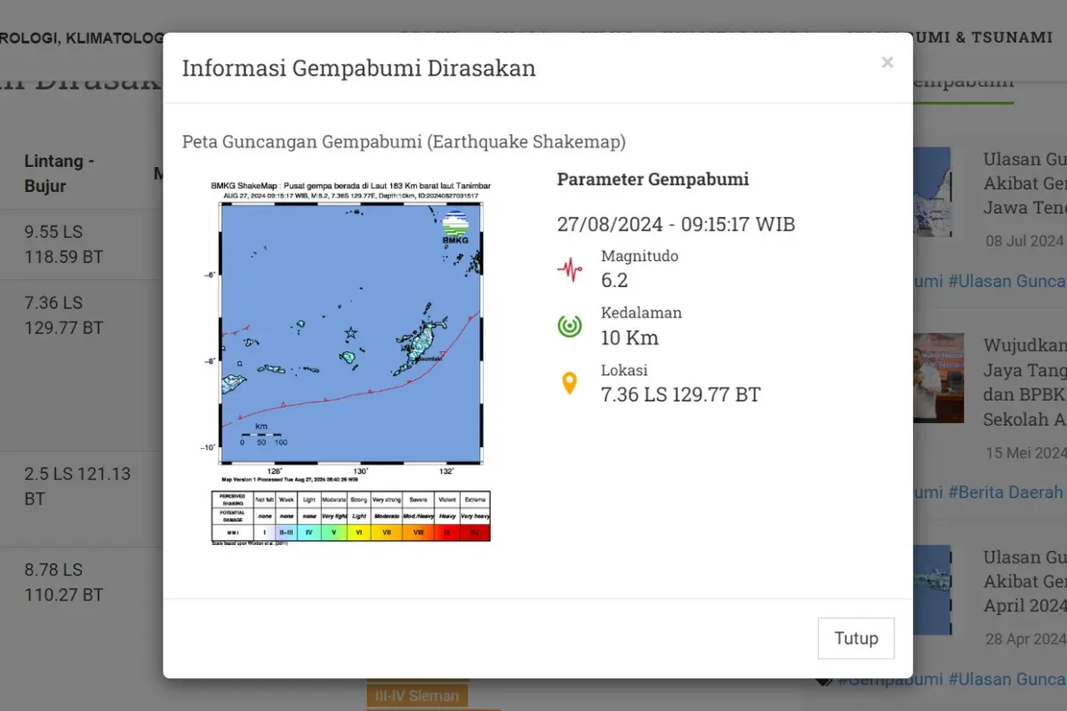 Gempa bumi menggetarkan pada pukul 09:15:17 WIB di wilayah Tanimbar, Provinsi Maluku dengan kekuatan magnitudo 6,2 dengan kedalaman 10 kilometer.