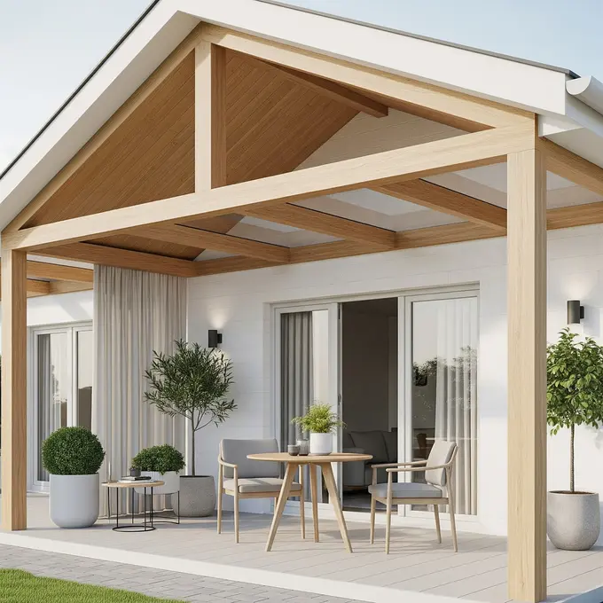 Model Teras Rumah Ala Skandinavia dengan Atap Kayu Terbuka yang Natural (Image by Gemini AI)