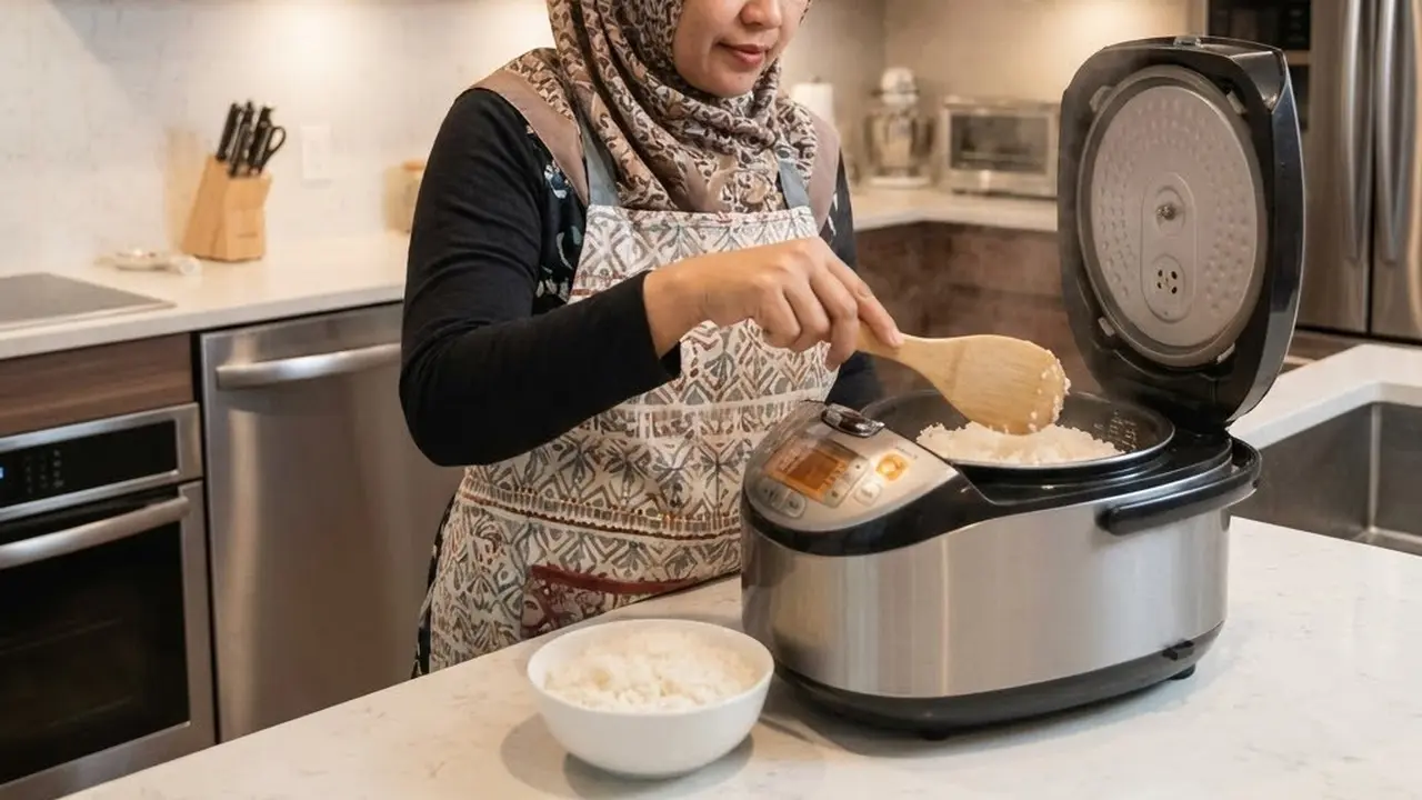 Mengambil nasi dari panci rice cooker dengan centong