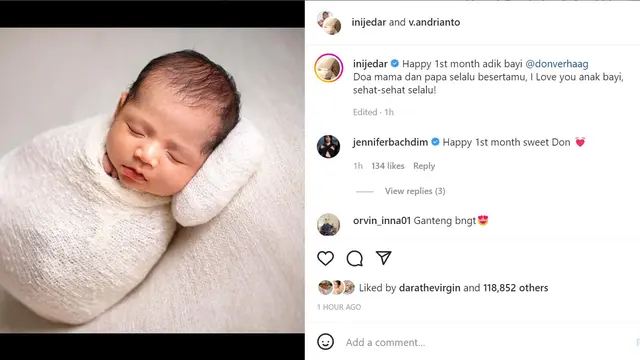 Jessica Iskandar saat mengungkapkan nama dan wajah anak hasil pernikahannya dengan Vincent Verhaag. (Instagram @inijedar)