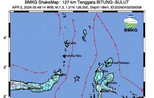 Gempa bumi magnitudo 7,3 terdeteksi di wilayah Kota Bitung, Sulawesi Utara, Kamis (2/4/2026) (Istimewa)