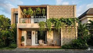 Desain Fasad Rumah dengan Roster dan Tanaman Gantung (created by AI)