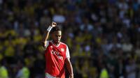 Striker Arsenal Pierre-Emerick Aubameyang merayakan golnya ke gawang Watford dalam lanjutan Liga Inggris di Vicarage Road, Minggu (15/9/2019) malam WIB.(AP Photo/Alastair Grant)
