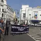 Sejumlah orang melakukan aksi tolak RKUHP saat Presiden Jokowi menghadiri puncak peringatan Harganas di Kota Medan, Sumatera Utara (Sumut)