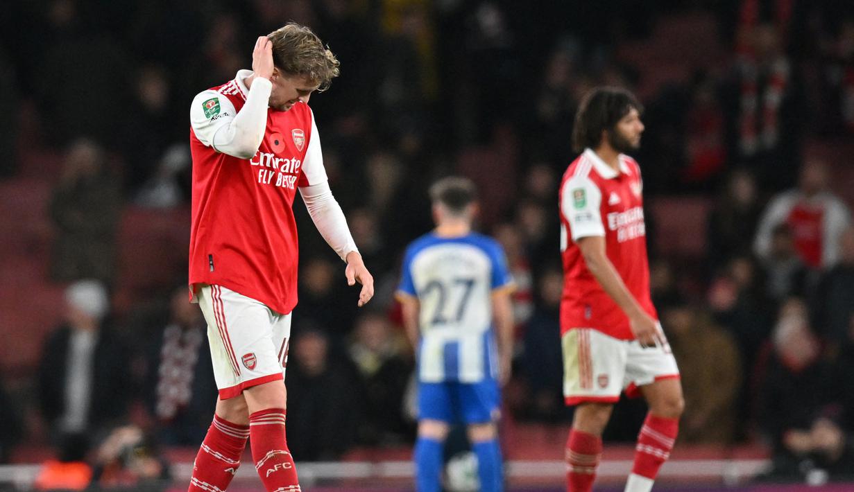 Hingga laga usai skor 3-1 untuk kemenangan Brighton and Hove Albon tetap bertahan. Selain Arsenal dan Chelsea, tim Big Six Kota London yang juga tersingkir di babak ketiga Carabao Cup 2022/2023 adalah Tottenham Hotspur yang kalah 0-2 dari tuan rumah Nottingham Forest. (AFP/Glyn Kirk)