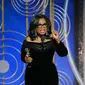Oprah Winfrey saat memberikan pidato setelah menerima penghargaan Cecil B. DeMille Award di Golden Globes 2018. (Paul Drinkwater/NBC via AP)