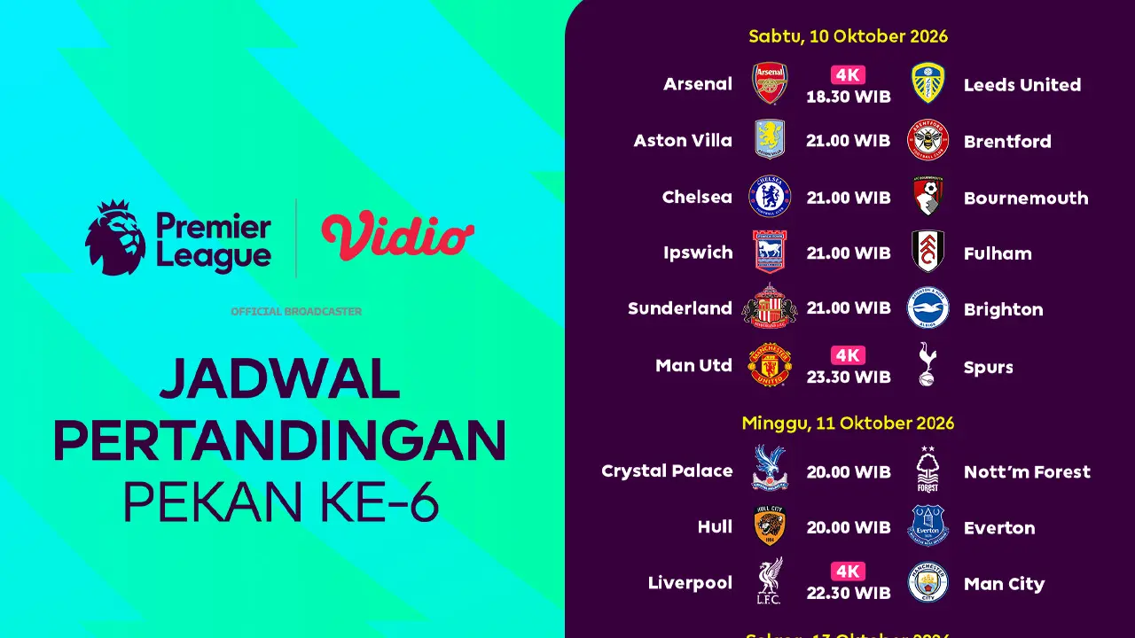Jadwal Lengkap Premier League 2026/27 matchweek 6
