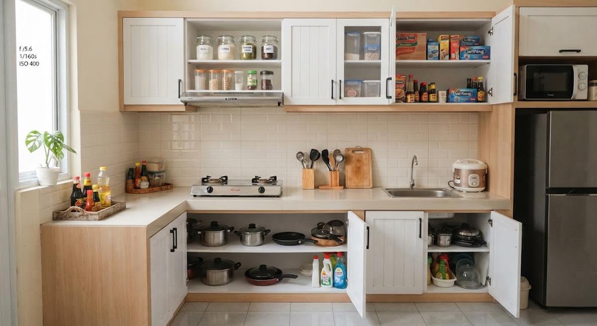 Tempat penyimpanan dapur minimalis modern yang cocok untuk rumah tipe kecil model kabinet atas